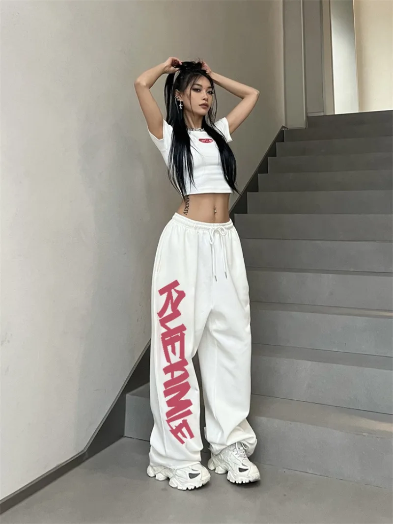 Y2K Streetwear White Sweatpants Women Korean Style Letter Print Track Pants Oversized Harajuku Kpop Hip Hop Joggers