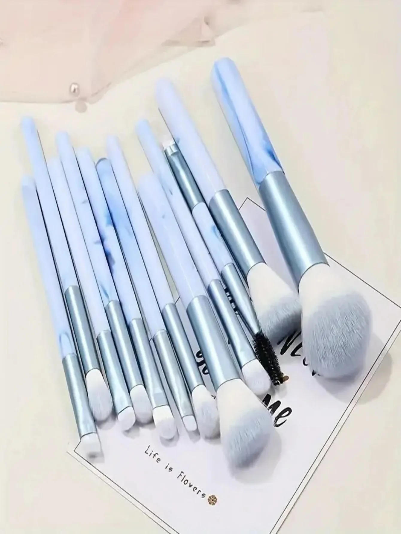 10/12-Piece Blue Makeup Brush Set - Powder Puff & Cleaning Pad - Synthetic Brushes for Powder & Blush