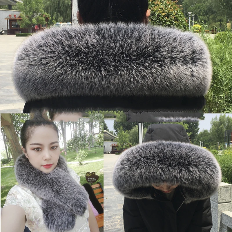 Fox Fur Collar Natural Hood Women Winter 100% Real Fur Scarf Warm Furry Fur Shawls Down Jackets Genuine Leather Fluffy Scarves