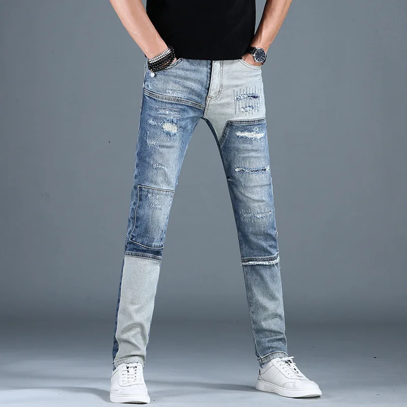 Street retro ripped jeans men\'s slim fit ankle-tied trendy Korean style stitching nostalgic washed casual long pants