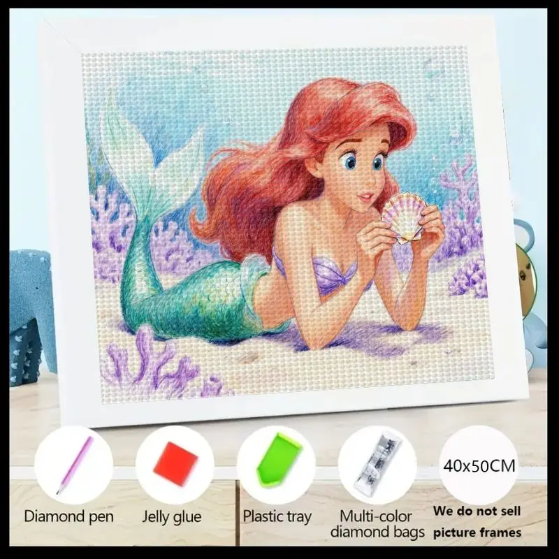 1 unidad de Kit de pintura de diamante de taladro completo 5D DIY de princesa Ariel de Disney, 40x50CM, bonito tema de océano de dibujos animados, cristal Rh