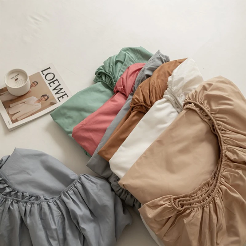 

Washed Cotton Mattress Covers with Elastic Band Solid Color Fitted Sheet Soft Comfort Mattress Protector Queen King Size Bed 1pc