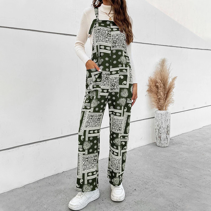 Women's Casual Overalls Wide Leg Paisley Retro Print Loose Jumpsuit Fashionable Sleeveless Jumpsuit