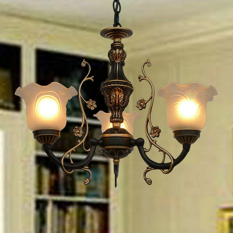 

European Classic Vintage Wrought Iron Chandelier Glass Lampshade Light Living Room Bedroom Kitchen Home Decor Lighting Fixt