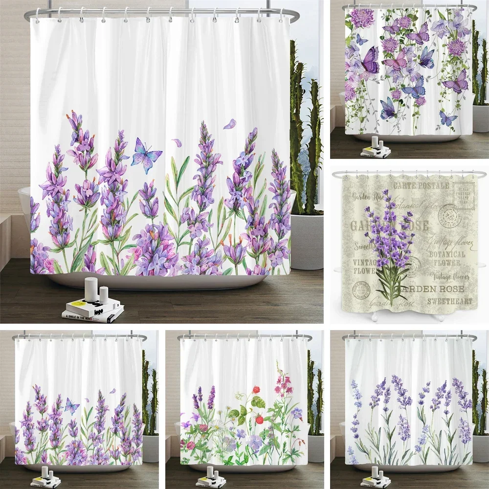 Lavender Shower Curtains Watercolor Purple Floral Plant Waterproof Polyester Bathroom Bathtub Curtain Room Decor With Hooks