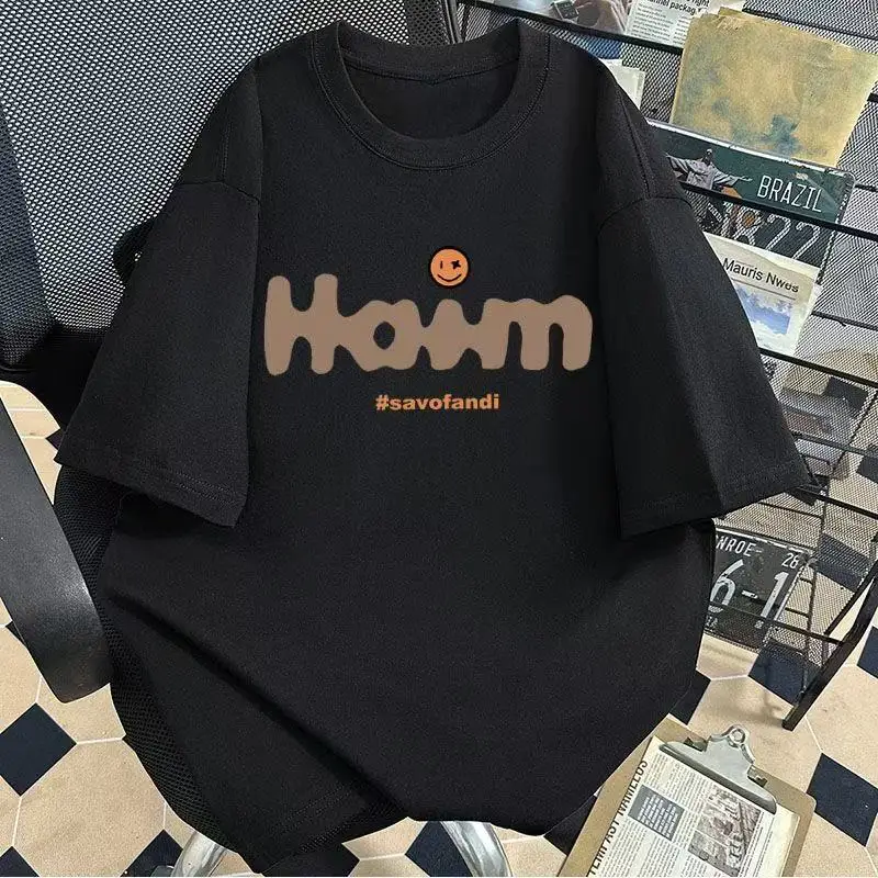 

Loose Fit Large Size Teen Summer New Style Half Sleeve Short Sleeve T-Shirt Trendy Brand Student Ins Printed Polyester Fiber