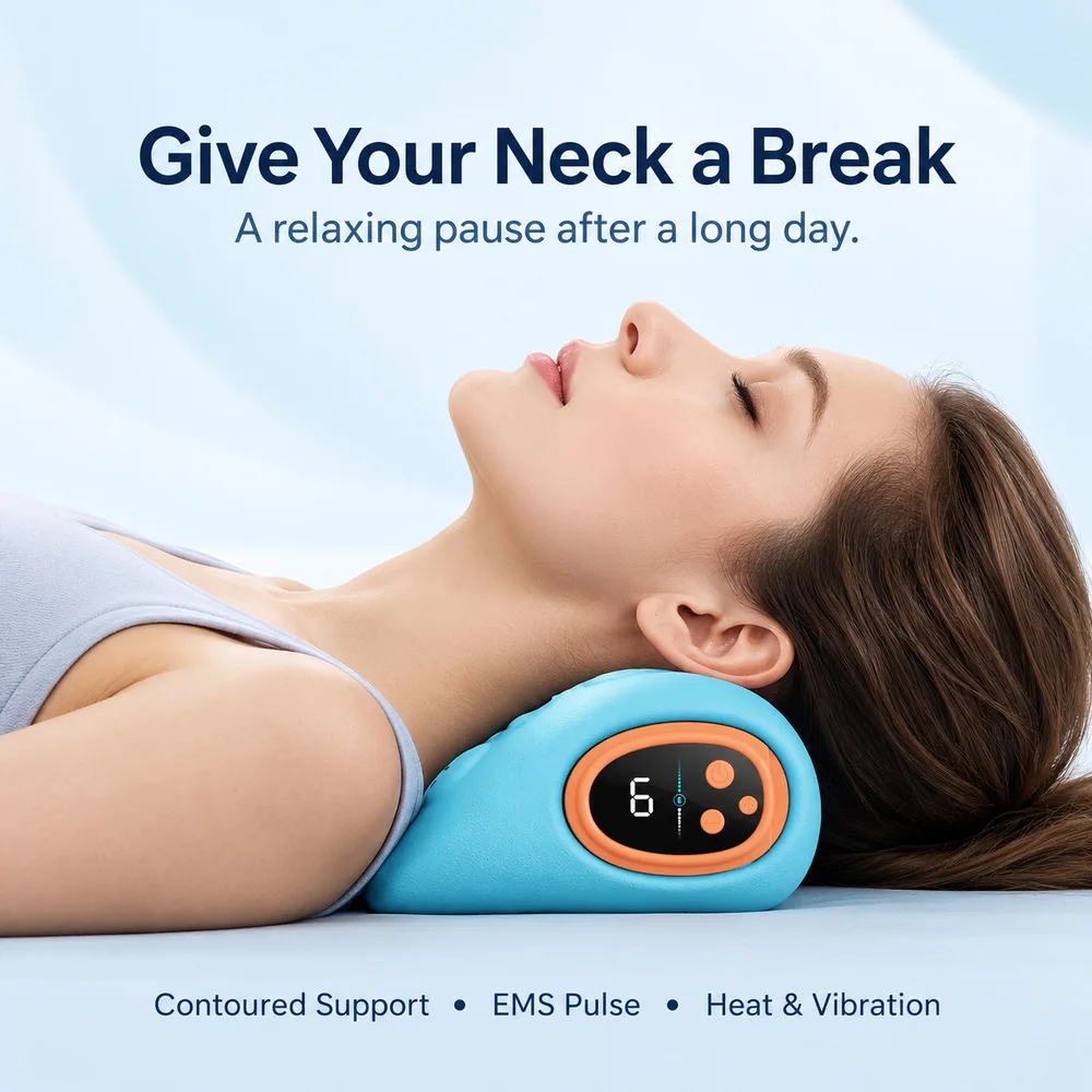 EMS Neck Massage Pillow with Heat 3 Vibration Levels Type C Charging Contoured Neck Support for Home Relaxation After Work