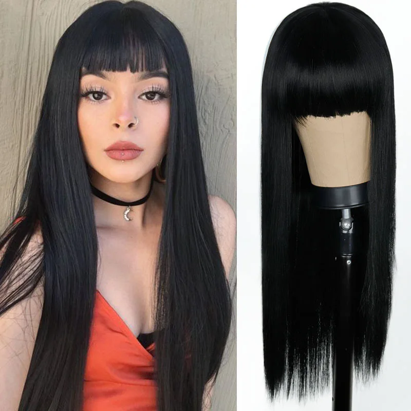 前髪のある女性向けaliexpress商品、ふんわりとエレガントなロングストレートヘアウィッグ