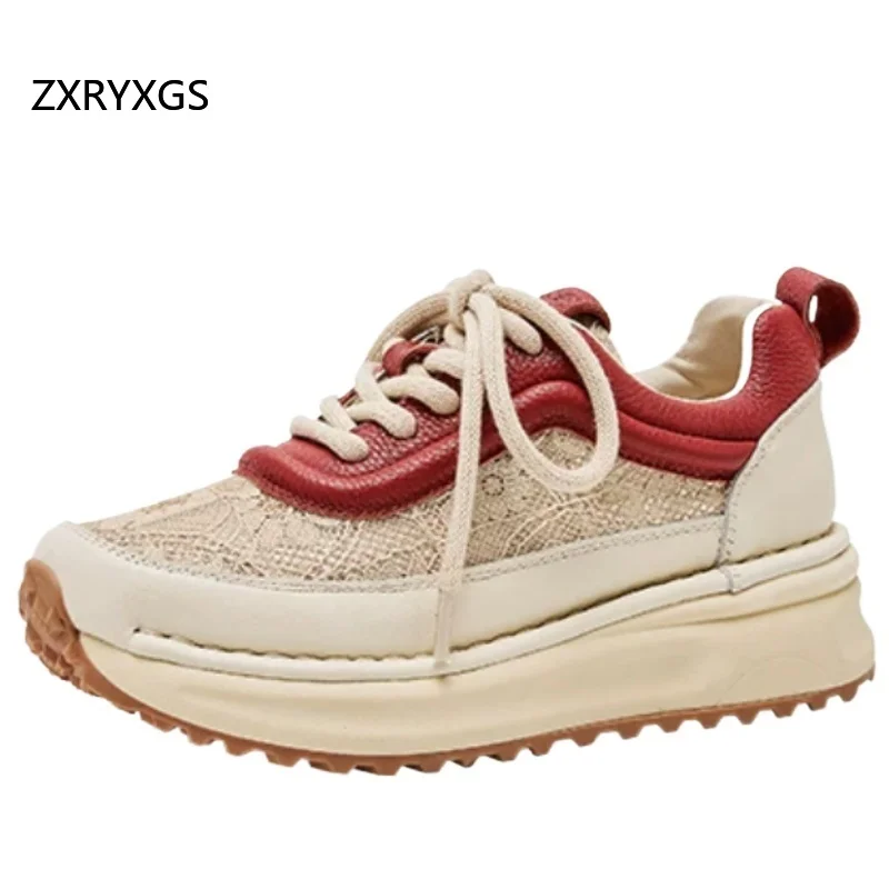 ZXRYXGS Top Cowhide + Premium Mesh Women Trendy Sneakers 2026 Spell Colors Temperament Breathable Sneakers Fashion Casual Shoes