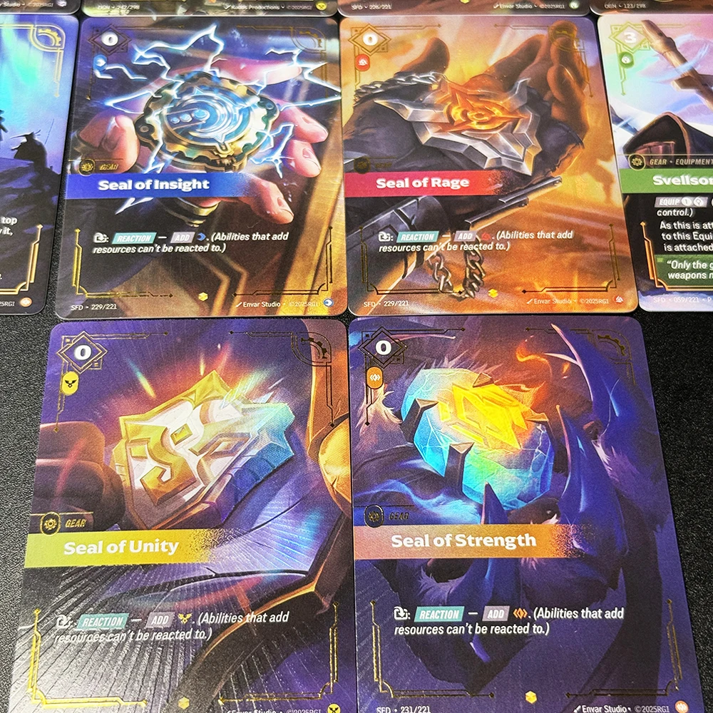 Cartes de jeu Proxy de collection TCG League of Legends Riftbound Gear Spell, Power Svellsongur non contrôlé, Sceau du Discord/Rage/Unity