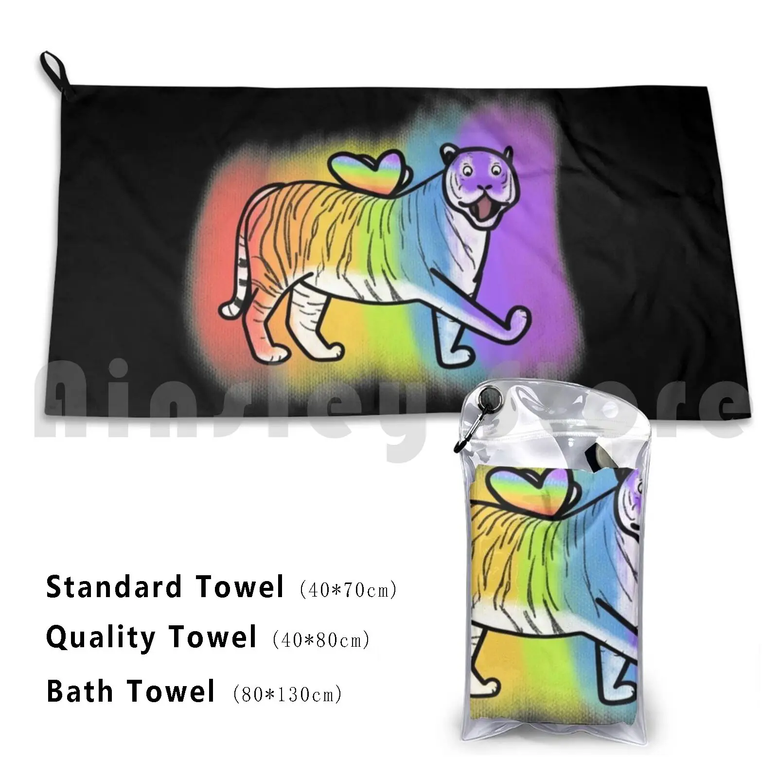 Flying Rainbow Tiger Bath Towel Beach Cushion Marymwoolf Mary Woolf Character Cute Tiger Cartoon Animal Funny Happy Rainbow