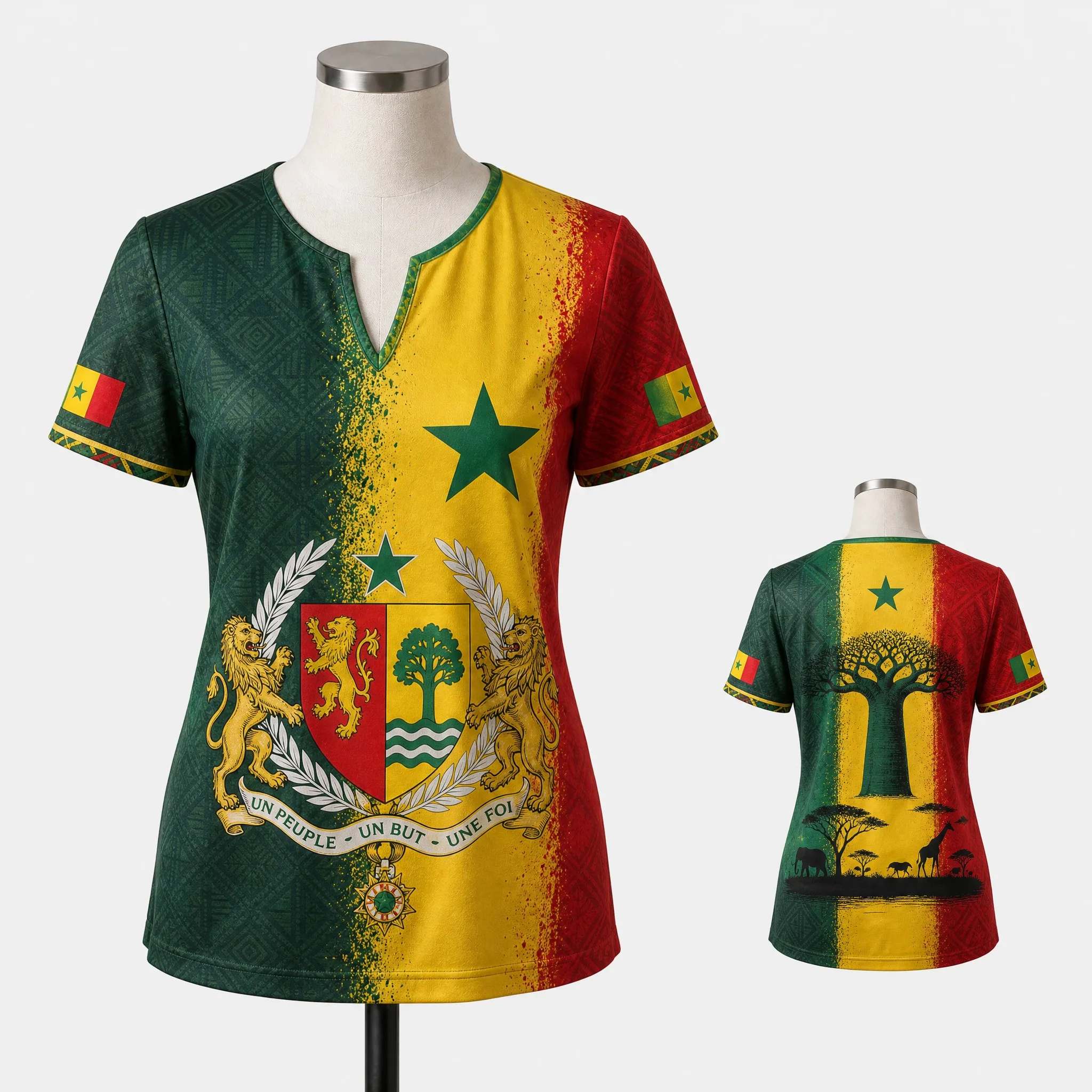 Womens Senegal Small V Neck T Shirt Green Yellow Star Crest Tree Print Short Sleeve Summer Casual Heritage Daily Streetwear Tees