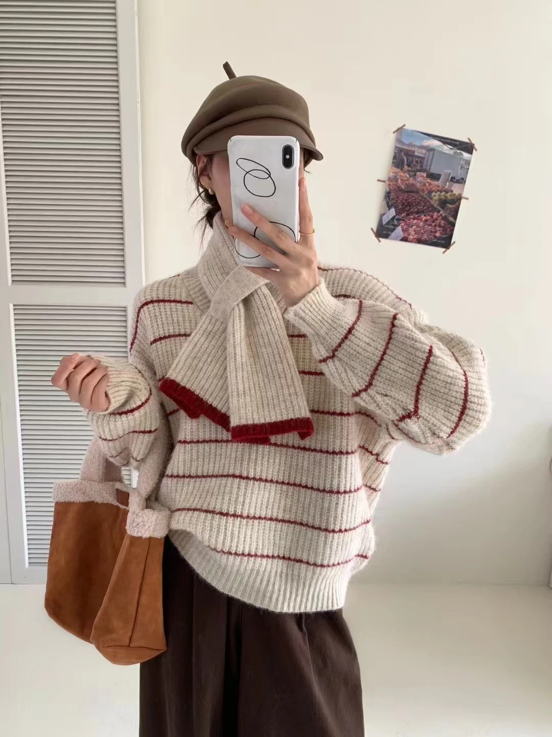 Koreanische Akademische Stil Wolle Mischung V-ausschnitt Gestreiften Pullover Frauen Winter Warme Dicke Stricken Top mit Schal Kragen Casual Rollkragen