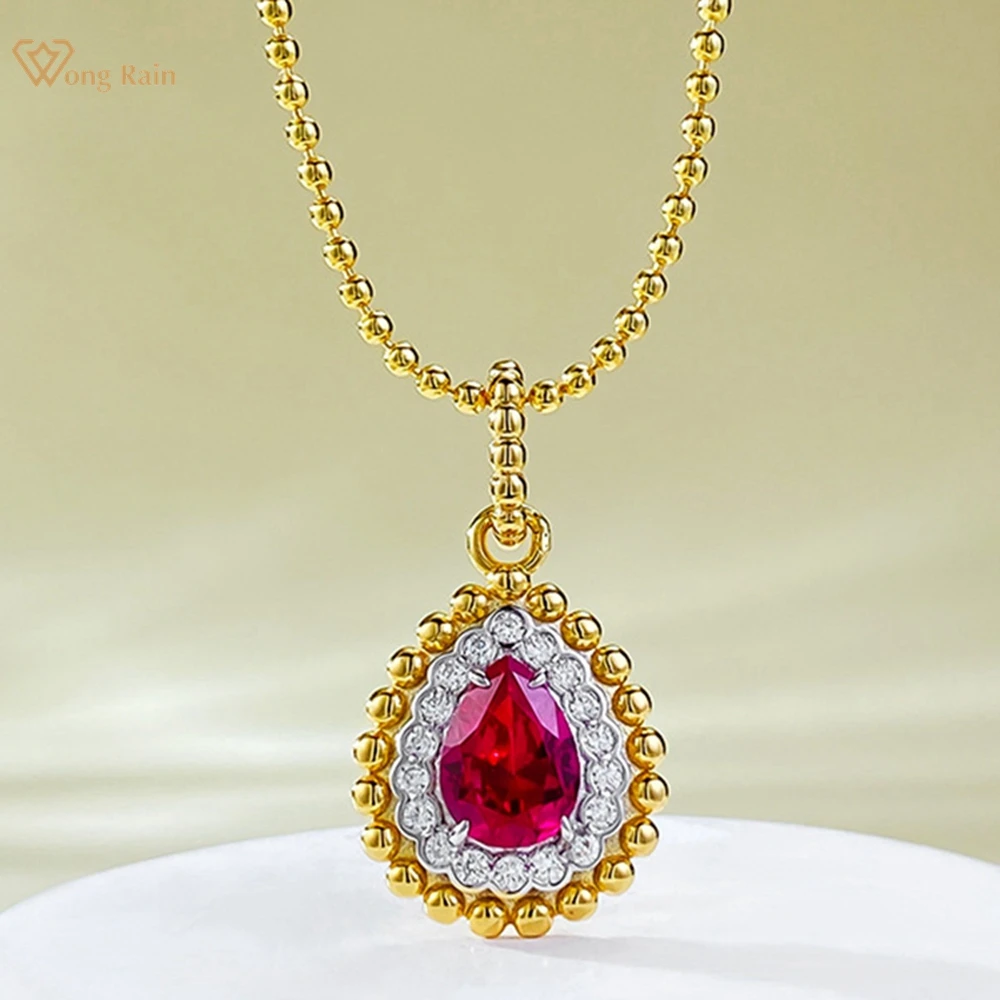 Wong Rain Vintage 18K Gold Plated 925 Sterling Silver 6*8 MM Pear Cut Ruby High Carbon Diamond Gemstone Pendant Necklace Jewelry