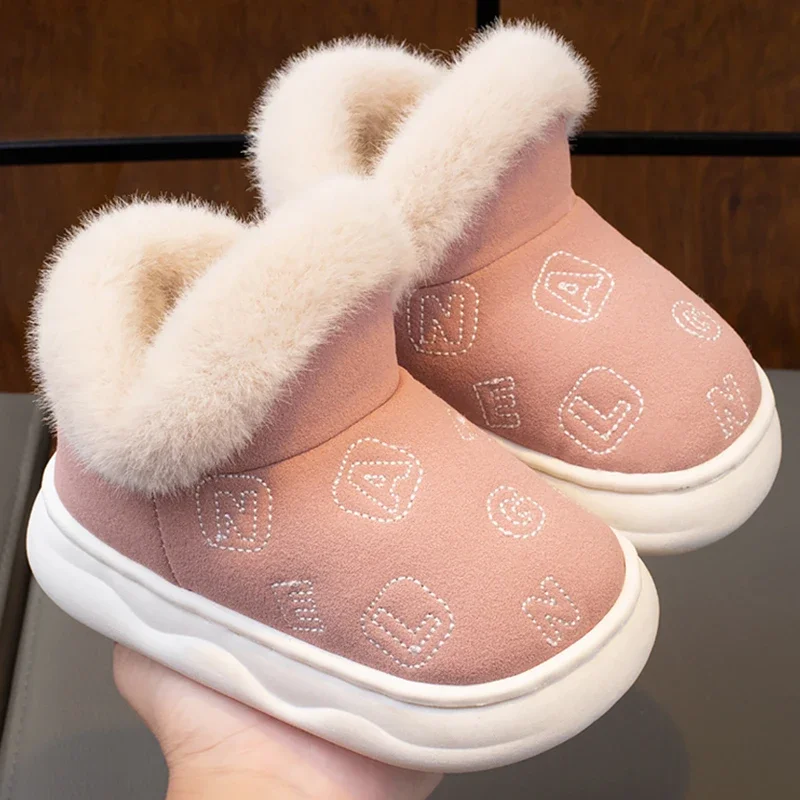 Fashion Winter Children\'s Fluffy Home Shoes Cover Heel Boys Girls Casual Boots Non-slip Warm Kids Slip On Cotton-padded Shoes