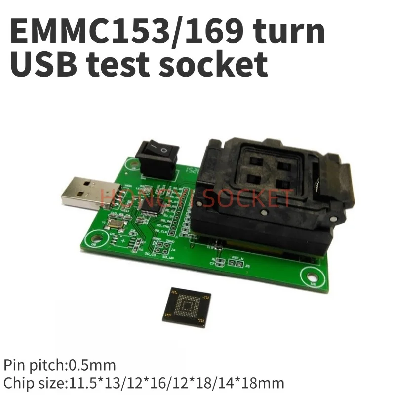 Emmc153/169 bga153/169 tomada de teste flip fonte ic usb programação soquete apagar burn-in soquete alta/baixa temperatura 30v 50mΩ conector usb