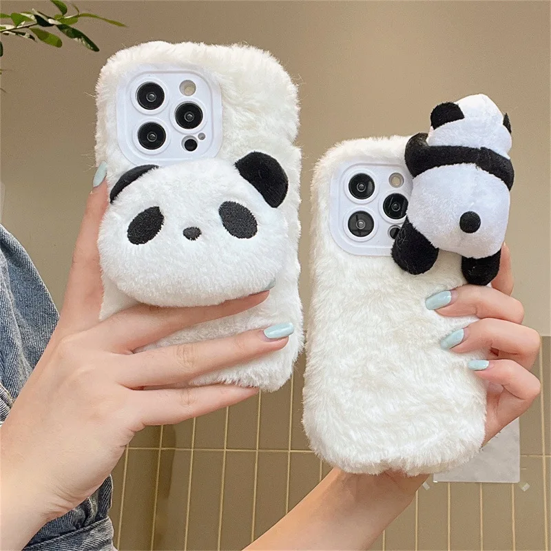3D süße Cartoon Panda Plüschfell flauschige Paar Handyhülle für iPhone 16 15 14 13 12 11 Pro Max Plus stoßfeste Schutzhülle