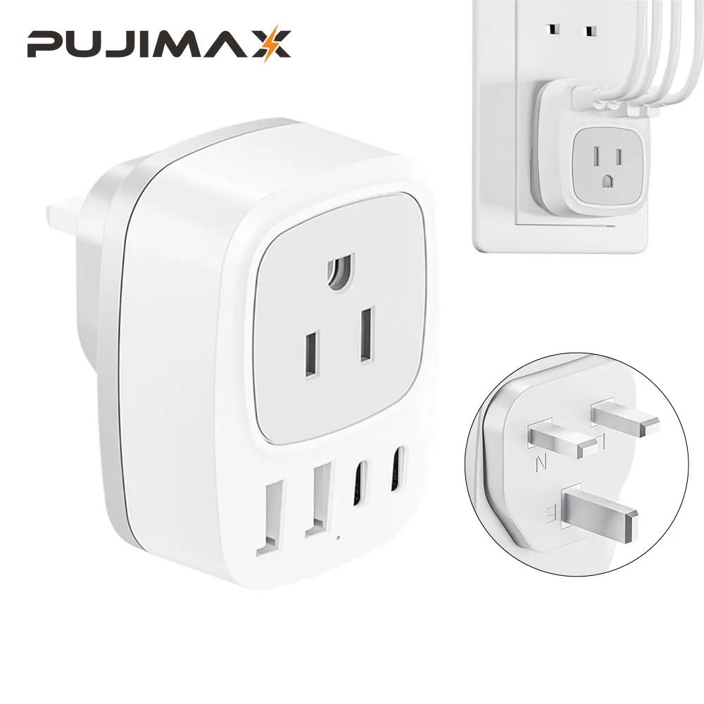 PUJIMAX 5 in 1 Type  Travel Power Plug Adapter With 1 AC Outlets & 4 USB Ports, US to UK Travel Adapter for Ireland Scotland