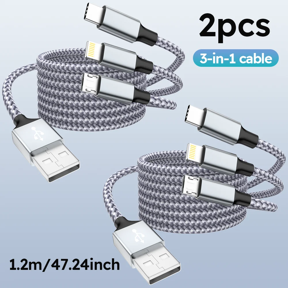 

Кабель для быстрой зарядки USB-C 3-в-1 длиной 4 фута с разъемами Lightning, Micro USB и Type-C, универсальный кабель для передачи данных, подходит для iPhone, Samsung, Xiaomi