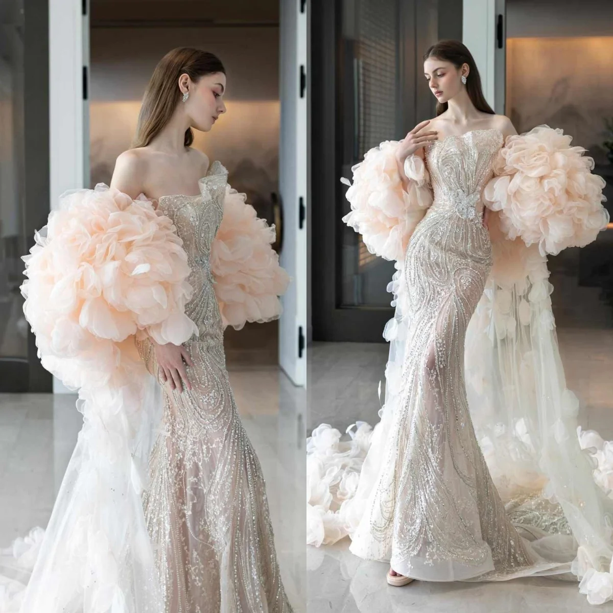 

Роскошное платье для выпускного вечера из тюля с цветочным хвостом Пром платья с вырезом лодочкой и блестками Блестящие 3D-кружевные складки Роскошное вечернее платье размера плюс по индивидуальному заказу