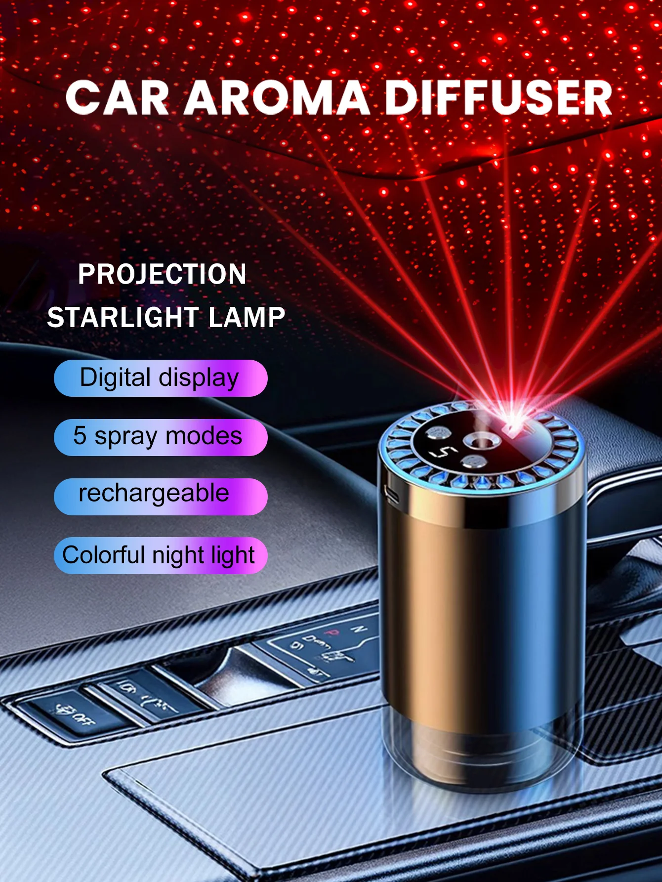 Rechargeable multi-color light romantic starlight lamp, car-mounted aroma diffuser and 5 types of aroma essential oils image 3