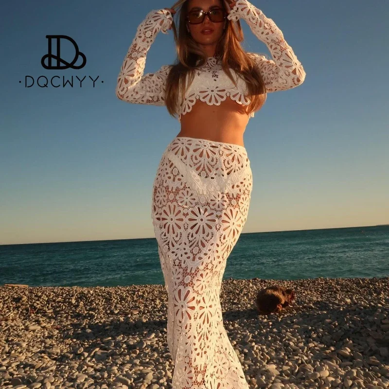 Elegant Women's Sets 2025 Summer Fashion Sexey Flower Slim-fit Hollow Lace Beach Top Skirt Two-piece Set New in Matching Sets