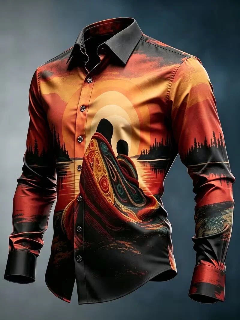 New Sunset Lake Embrace Silhouette Landscape Printed Shirt Oil Painting Style Men's Slimming Long Sleeve Shirt