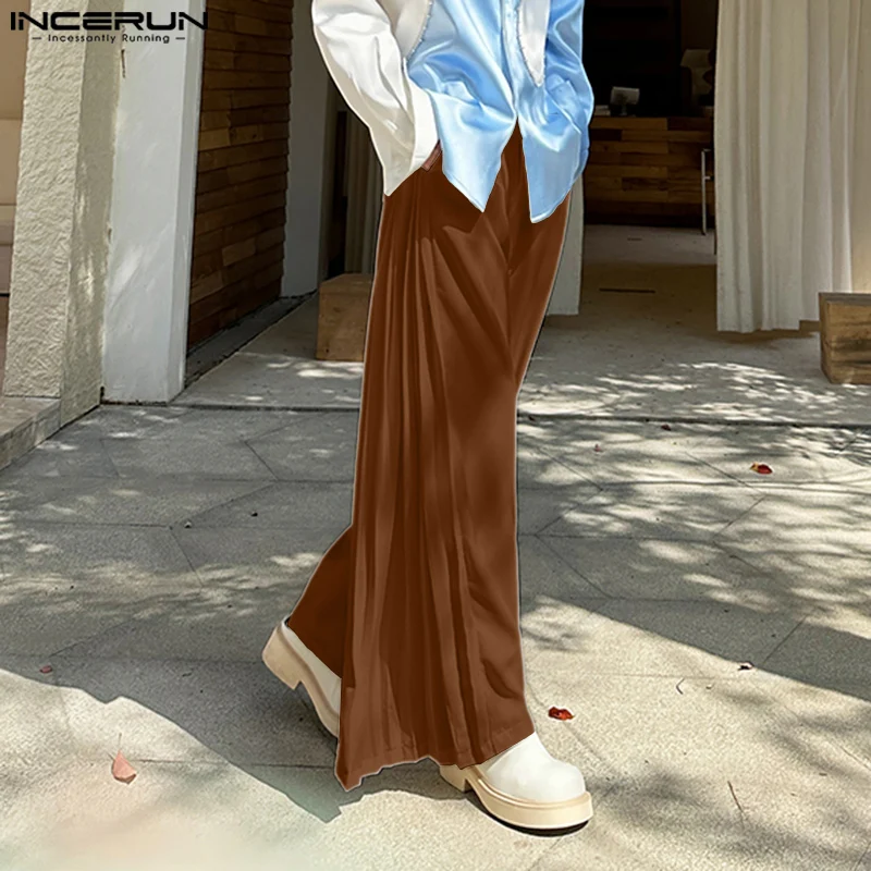 

INCERUN Men Wide Leg Pants Pleated Joggers Solid Color Loose Casual Trousers Men Streetwear 2025 Button Fashion Male Long Pants