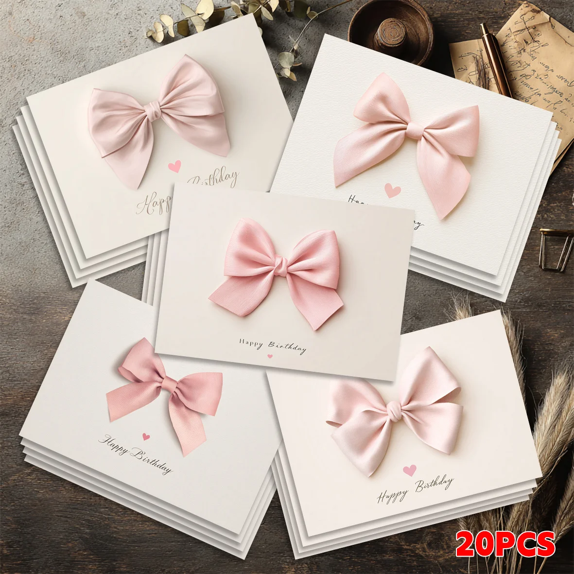 20PCS Exquisite Pink Bow Postcards, with Blank Space on The Back for Writing, Used for Holiday Greetings and Parties