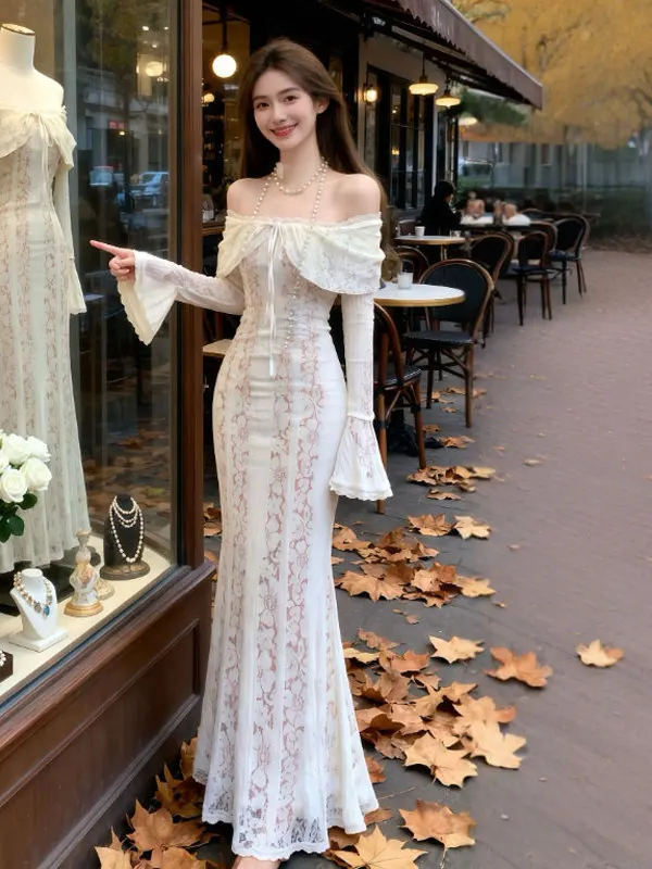 

Pure Desire Sexy One oulder Flared Sve Lace Slim Fit Bodycon Long Dr Beautiful Dr Winter 2026 Women's Faion Dr