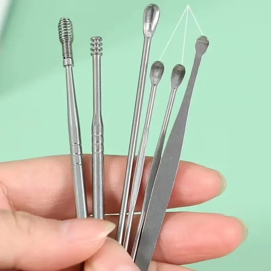6Pcs Reusable Stainless Steel Ear Wax Removal Tool Spiral Ear Cleaner Spoon Portable Ear Cleaning Kit for Earwax Pick