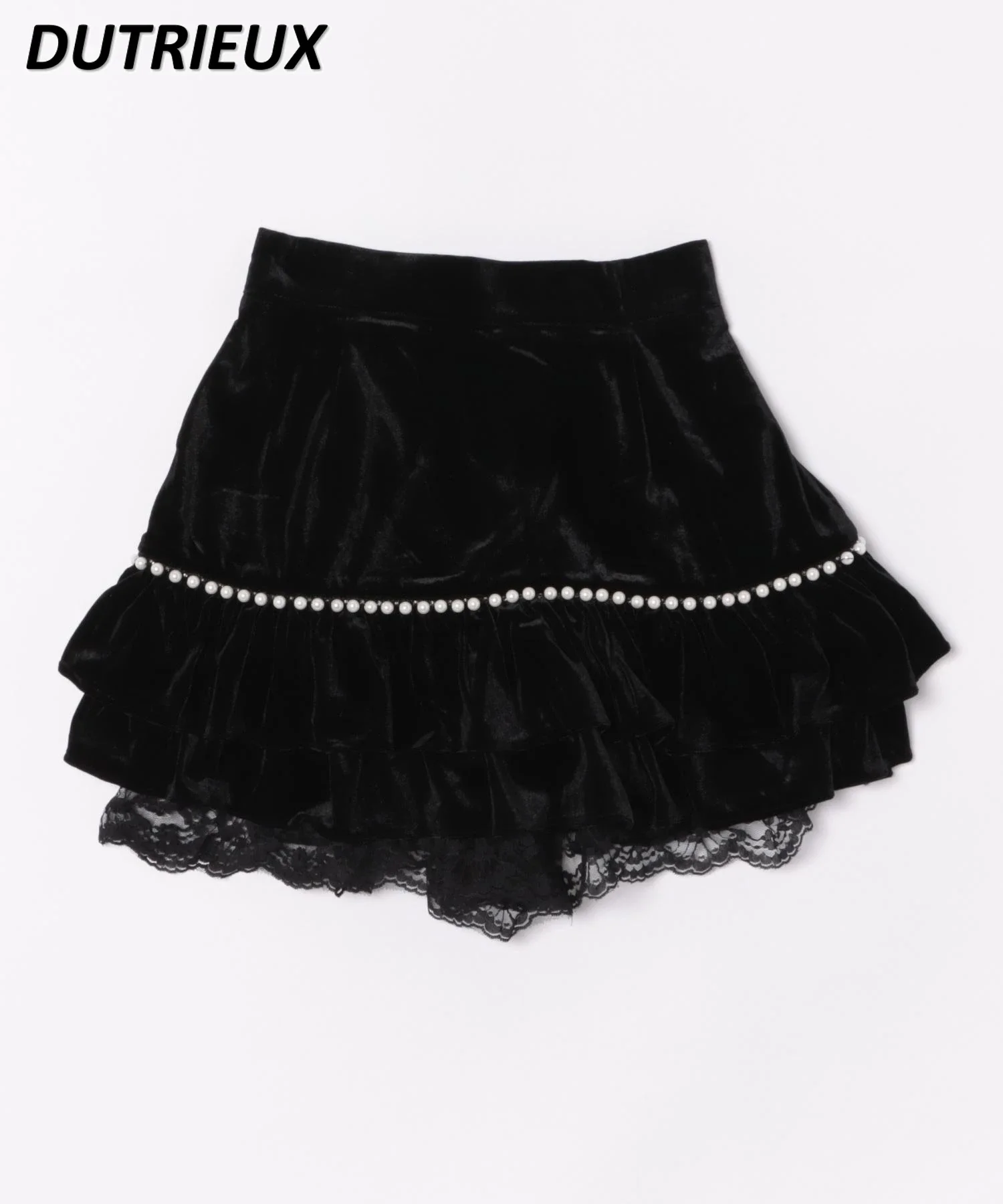 Japanese Sweet and Cute Girls Golden Velvet Fabric Pearl Lace Mini Skirt High Waist Solid Color Versatile Short Skirts