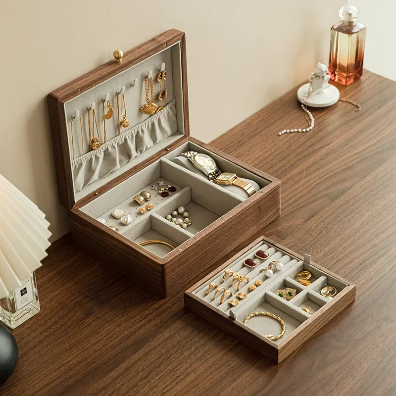 Jewelry box storage box High-end exquisite solid wood jewelry necklace storage walnut box Large capacity