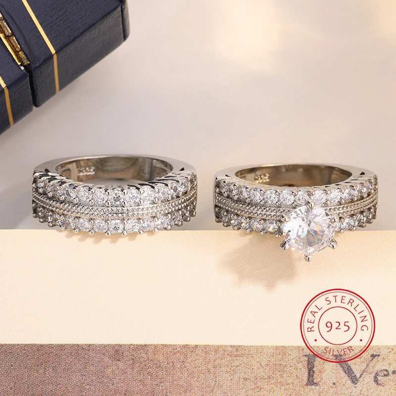 

New Classic Bridal Sets Ring 2 Piece Set with Sparkling Cubic Zircon Elegant Diamond Ring Wedding Party Jewelry