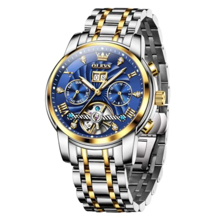 

OLEVS Mens Watches Luxury Big Face Waterproof Stainless Steel Analog Quartz Multifunctional Lumius Date Two Tone Fashion Dress