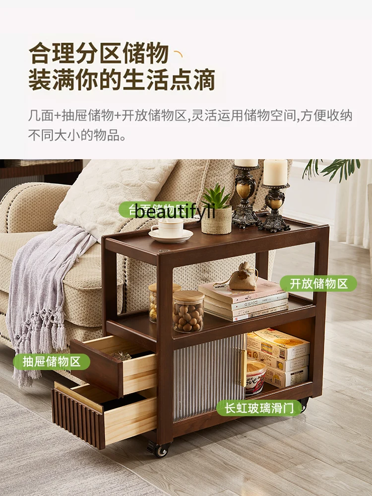 Solid Wood Side Table Sofa Edge Side Cabinet Living Room Home Movable Storage Cabinet with Wheels