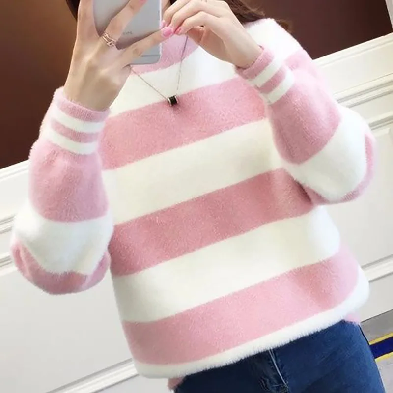 Fashion Half High Collar Striped Loose Casual Sweaters Female Clothing 2023 Autumn Winter New All-match Pullovers Korean Tops