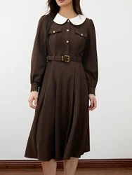 DUSHU Women Winter Thicken Dress Contrasting Color Peter Pan Collar Female Brown Long Dress Without Sashes Twill Dress 24DS84414