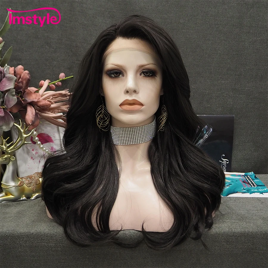 Imstyle Black Wig Synthetic Lace Front Wig Heat Resistant Fiber Natural Wavy Daily Wig For Women 20 Inch