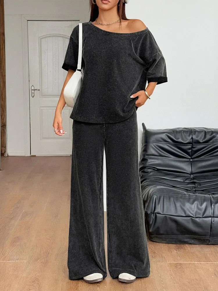 

Missuoo Women's Black Pant Sets Cold Shoulder Short Sleeves T-shirt & Elastic Waist Wide Leg Trousers 2025 Summer Casual Suit