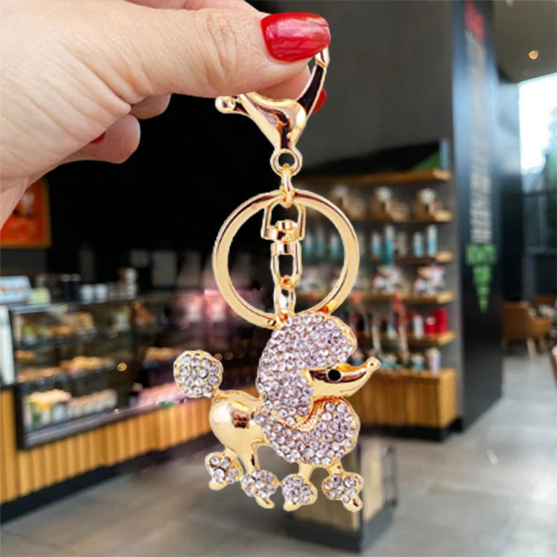 Cute Rhinestone Crystal Poodle Dog Keychain Animal Puppy Key Chain Key Ring Holder Bag Pendant Accessories Keyring