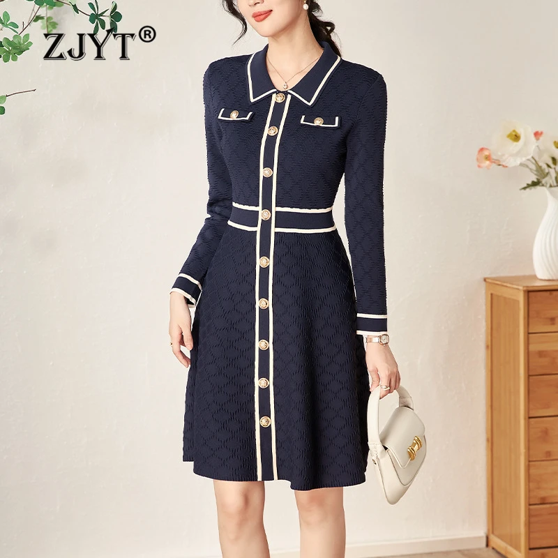 ZJYT Long Sleeve Knitting Dresses for Women Spring Color Block Knitwears Turn Down Collar Vintage Dress Basic Vestidos Robe Blue