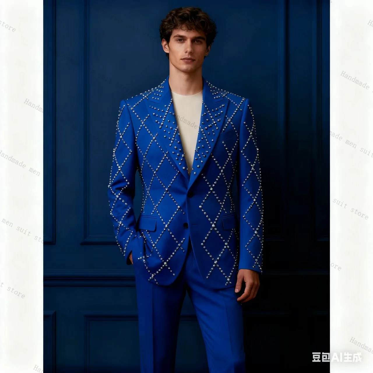 

Blue Luxury Men Suit Set 2 Piece Crystals Blazer+Pants Prom Wedding Tuxedos Coat Cotton Customized Formal Office Business Jacket