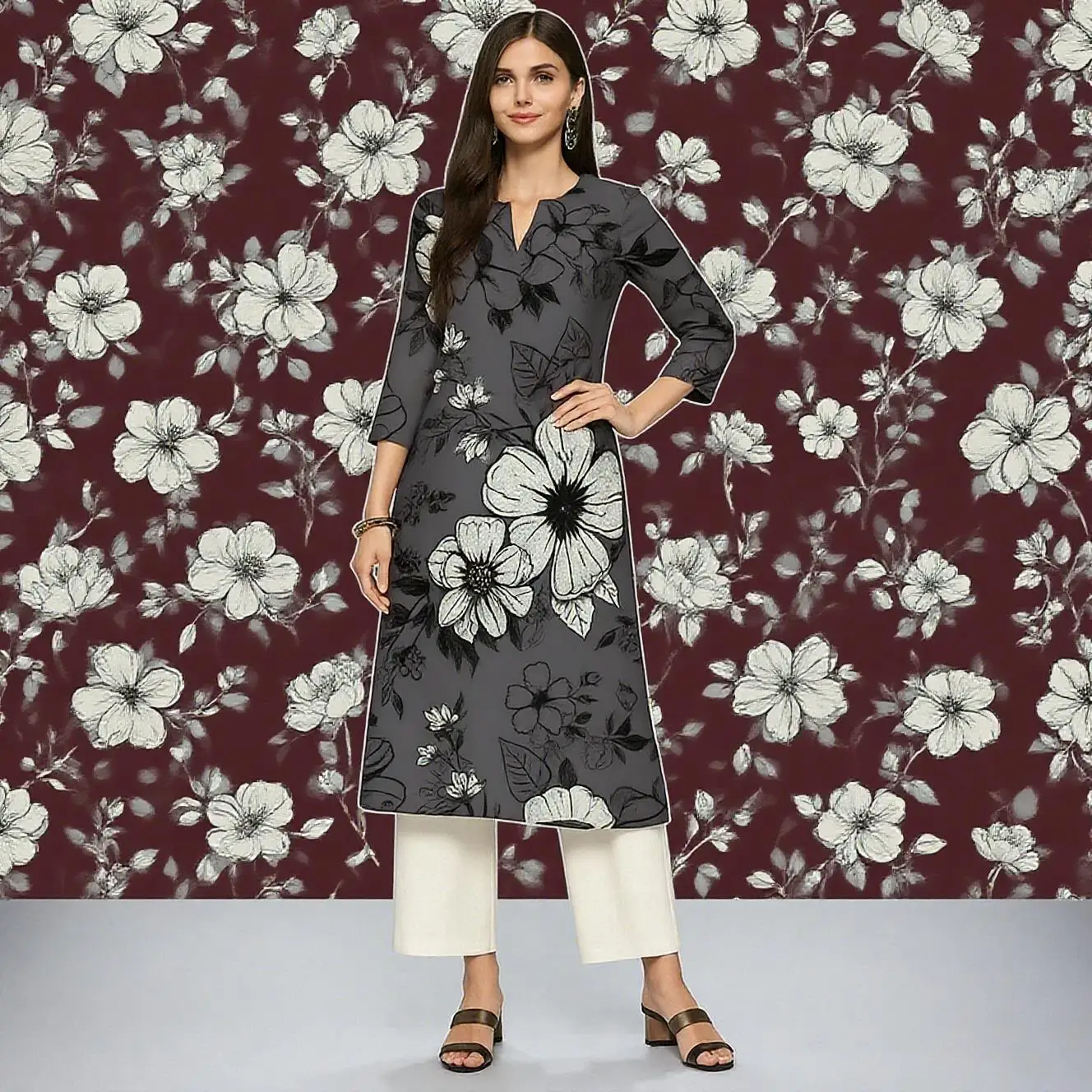 Muslim Kurt Flowers Women's Fashion Comfortable Long Sleeve Straight Casual Ethnic Vestidos Longos Parrot Print New Dress