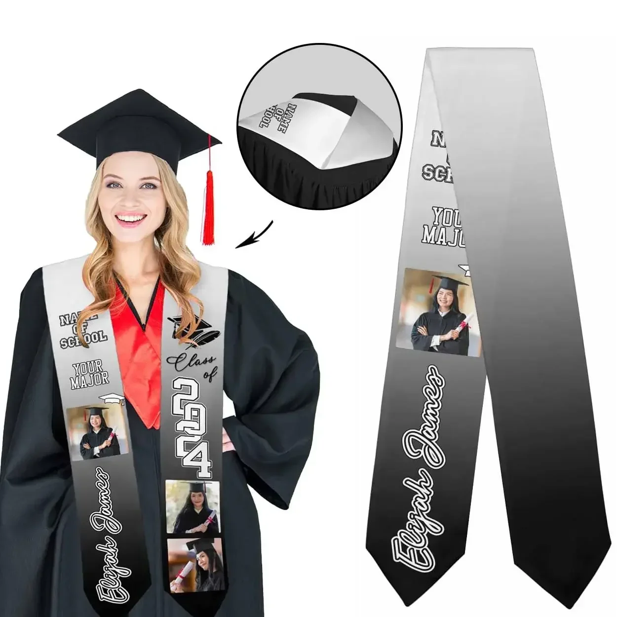 Custom Graduation Stole, Class of 2024 Graduation Sash Unisex Adults Shawl Personalized Graduates Name Photo College Name Text