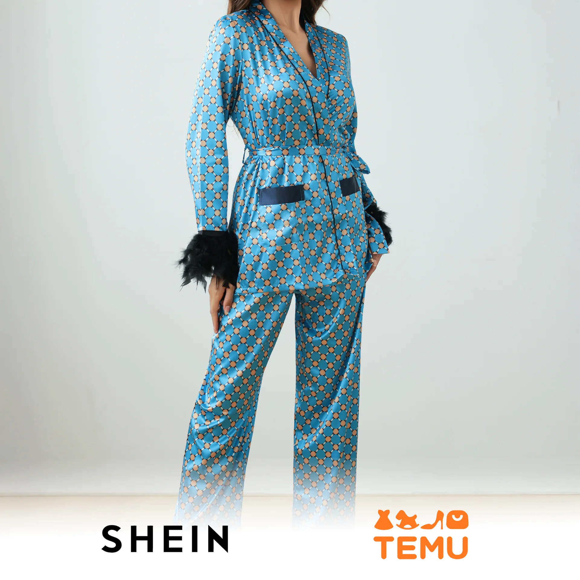 Krismile Ice Silk Women's Pajama Sets 2025 Spring Autumn Patchwork Spliced Feathered Print Top Straight Soft Sleepwear Pants