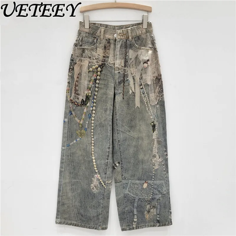 

Spring and Autumn New Style Elegant 3D Printed Wide-Leg Jeans for Women Loose High-Waisted Versatile Straight-Leg Pants