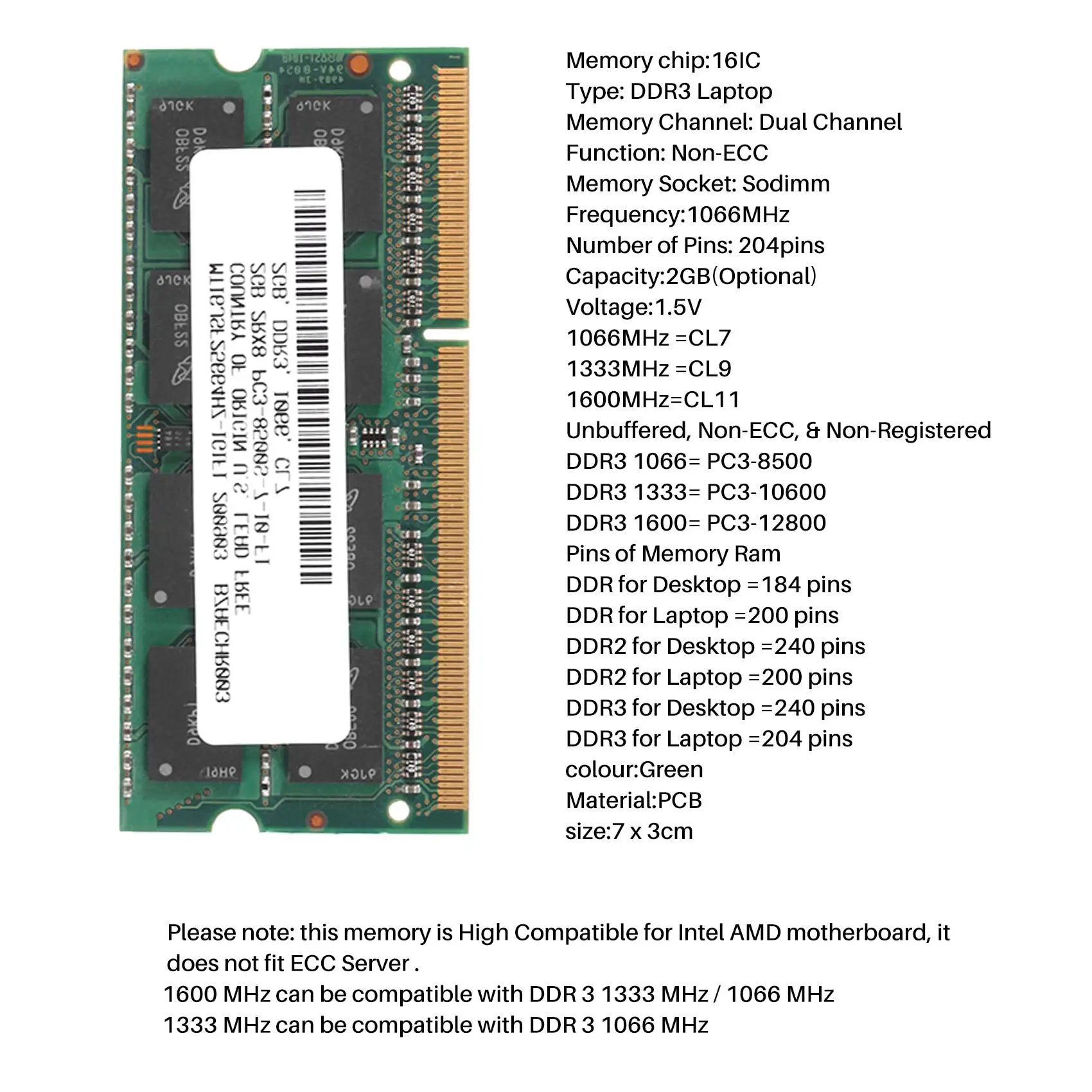# Memória Ram para laptop 104D DDR3 2GB 2RX8 PC3-8500S 1066MHz 204Pin 1.5V Notebook RAM (verde)