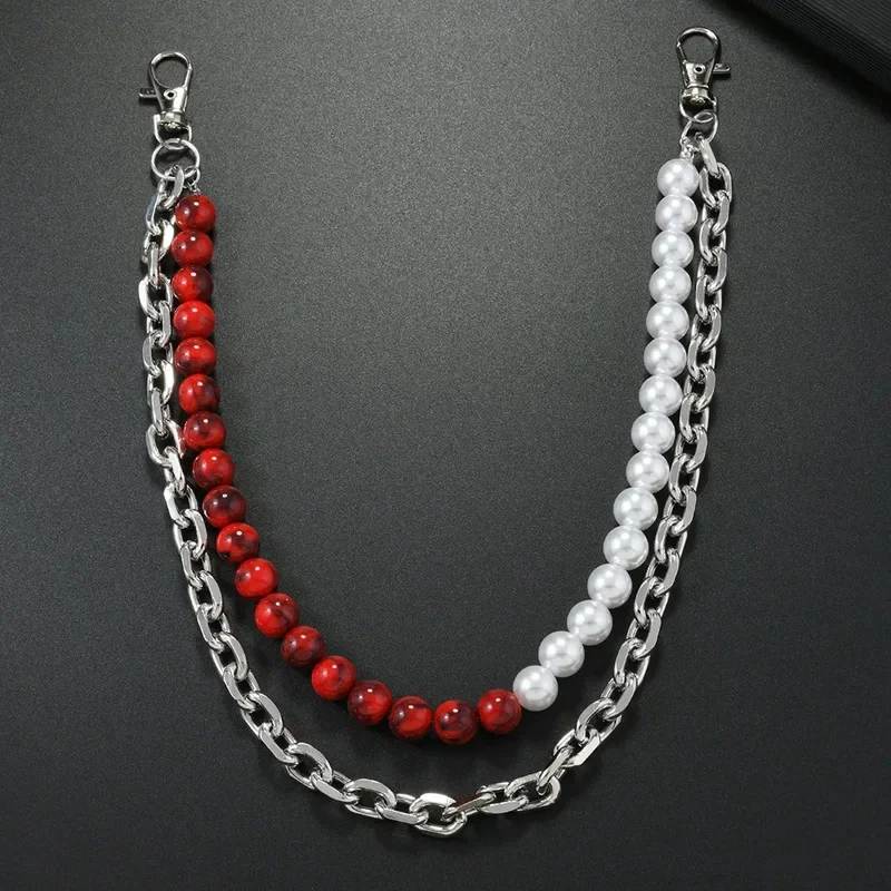 Men style Trendy High Street Color Block round Pants Chain Double Layer Splicing Waist Chain Unisex Decorative Chain Punk Style