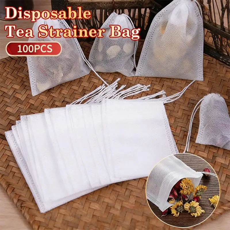 100Pcs Disposable Tea Bag Pouch Empty Non-woven Fabric Drawstring Bag For Tea Infuser Spice Loose Coffee Seal Filter Mesh Bag